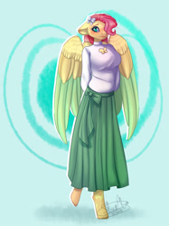 Size: 1635x2185 | Tagged: safe, artist:dinkydoolove, character:fluttershy, species:anthro, species:pegasus, species:pony, species:unguligrade anthro, blouse, blushing, bow, breasts, busty fluttershy, clothing, female, floppy ears, hair bow, hair over one eye, hands behind back, mare, redraw, skirt, solo, two toned wings, wings