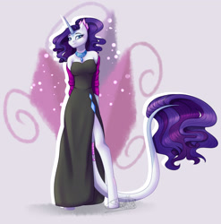 Size: 2208x2236 | Tagged: safe, artist:dinkydoolove, character:rarity, species:anthro, species:pony, species:unguligrade anthro, species:unicorn, bare shoulders, clothing, dress, female, jewelry, leonine tail, looking at you, mare, necklace, redraw, side slit, solo