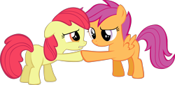 Size: 6650x3240 | Tagged: safe, artist:pangbot, edit, editor:slayerbvc, character:apple bloom, character:scootaloo, species:earth pony, species:pegasus, species:pony, accessory-less edit, female, filly, missing accessory, simple background, solo, transparent background, vector, vector edit