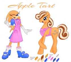 Size: 1024x901 | Tagged: safe, artist:spqr21, parent:applejack, species:earth pony, species:pony, apron, clothing, dress, female, housewife, hybrid, mare, naked apron, one eye closed, parent:knuckles the echidna, raised hoof, reference sheet, shoes, simple background, stepford wife, transparent background, wink