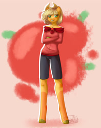 Size: 1520x1932 | Tagged: safe, artist:dinkydoolove, character:applejack, species:anthro, species:earth pony, species:pony, species:unguligrade anthro, applejack's hat, clothing, cowboy hat, crossed arms, female, hat, looking at you, mare, smiling