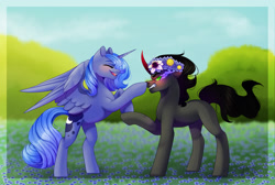Size: 2655x1788 | Tagged: safe, artist:dinkydoolove, character:king sombra, character:princess luna, species:alicorn, species:pony, species:unicorn, ship:lumbra, angry, blushing, boop, eyes closed, female, flower, flower in hair, gritted teeth, male, mare, sharp teeth, shipping, smiling, sombra eyes, stallion, straight, teeth