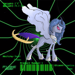 Size: 448x446 | Tagged: safe, artist:spqr21, character:princess luna, species:alicorn, species:pony, absol, abstract background, barcode, crossover, ethereal mane, female, fusion, galaxy mane, hoof shoes, lunala, mare, metal claws, peytral, pokémon, solo, story included, swablu