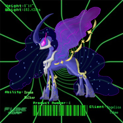 Size: 448x448 | Tagged: safe, artist:spqr21, character:nightmare moon, character:princess luna, species:alicorn, species:pony, absol, abstract background, barcode, cosmog, crossover, curved horn, ethereal mane, female, fusion, galaxy mane, hoof shoes, horn, mare, metal claws, peytral, pokémon, story included, swablu
