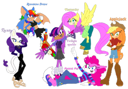 Size: 1024x714 | Tagged: safe, artist:spqr21, character:applejack, character:fluttershy, character:pinkie pie, character:rainbow dash, character:rarity, character:twilight sparkle, species:anthro, species:bat, species:digitigrade anthro, species:plantigrade anthro, clothing, crossover, flying, hat, hedgehog, mane six, redraw, sandals, simple background, sonic the hedgehog (series), transparent background