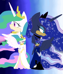 Size: 1024x1199 | Tagged: safe, artist:spqr21, character:princess celestia, character:princess luna, character:sonic the hedgehog, species:alicorn, species:anthro, species:pony, clothing, crossover, dress, ethereal mane, female, galaxy mane, gradient background, hedgehog, sonic the hedgehog (series), zoom layer