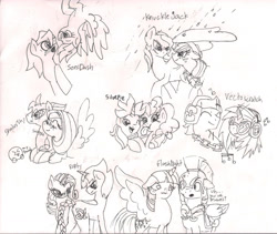 Size: 2012x1700 | Tagged: safe, artist:spqr21, character:applejack, character:dj pon-3, character:flash sentry, character:fluttershy, character:pinkie pie, character:rainbow dash, character:rarity, character:sonic the hedgehog, character:twilight sparkle, character:twilight sparkle (alicorn), character:vinyl scratch, species:alicorn, species:earth pony, species:pegasus, species:pony, species:unicorn, blep, crossover, espio the chameleon, female, headphones, knuckles the echidna, lineart, male, mane six, mare, music notes, ponified, shadow the hedgehog, silver the hedgehog, sonic the hedgehog (series), stallion, sunglasses, tongue out, traditional art, vector the crocodile