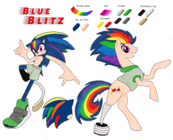 Size: 1024x829 | Tagged: safe, artist:spqr21, character:sonic the hedgehog, oc, oc:blue blitz, parent:rainbow dash, parent:sonic the hedgehog, species:earth pony, species:pegasus, species:pony, amputee, crossover, devil horn (gesture), hedgehog, interspecies offspring, multicolored hair, offspring, parents:sonicdash, prosthetic limb, prosthetics, rainbow hair, rearing, reference sheet, simple background, sonic the hedgehog (series), story included, transparent background