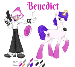 Size: 1024x907 | Tagged: safe, artist:spqr21, oc, oc:benedict, parent:rarity, species:pony, species:unicorn, bow tie, chameleon, clothing, crossover, glowing horn, gun, horn, interspecies offspring, male, offspring, parent:espio the chameleon, reference sheet, sonic the hedgehog (series), spiked wristband, stallion, story included, weapon, wristband