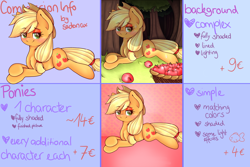 Size: 3600x2400 | Tagged: safe, artist:sadonax, character:applejack, species:earth pony, species:pony, advertisement, apple, background removed, clothing, commission, commission info, female, food, hat, prone, solo