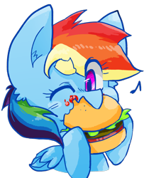 Size: 900x1107 | Tagged: safe, artist:temmie-kun, character:rainbow dash, species:pony, burger, cute, dashabetes, eating, female, food, hamburger, ketchup, meat, one eye closed, ponies eating meat, sauce, simple background, solo, transparent background