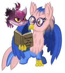 Size: 1856x2094 | Tagged: safe, artist:venaf, oc, oc:vivian iolani, species:classical hippogriff, species:hippogriff, 2020 community collab, derpibooru community collaboration, newbie artist training grounds, atg 2018, book, cat, cheshire cat, glasses, reading, red eyes, simple background, sitting, transparent background