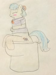 Size: 772x1034 | Tagged: safe, artist:snipiper, character:coco pommel, species:earth pony, species:pony, blushing, but why, female, implied diarrhea, implied farting, implied pooping, toilet, traditional art