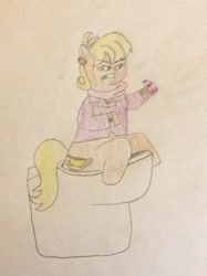 Size: 772x1034 | Tagged: safe, artist:snipiper, character:ms. harshwhinny, species:earth pony, species:pony, angry, but why, female, implied farting, implied pooping, laxative, toilet, traditional art
