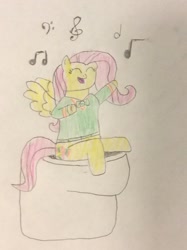 Size: 772x1034 | Tagged: safe, artist:snipiper, character:fluttershy, species:pegasus, species:pony, but why, implied rarity, singing, toilet, traditional art