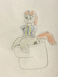Size: 772x1034 | Tagged: safe, artist:snipiper, oc, oc only, oc:littlepip, species:pony, species:unicorn, fallout equestria, but why, clothing, fanfic, fanfic art, female, hooves, horn, implied pooping, mare, pipboy, pipbuck, sitting, solo, toilet, traditional art, vault suit