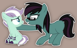 Size: 1285x814 | Tagged: safe, artist:bluedinoadopts, oc, oc only, oc:paige splash, oc:zyra (ice1517), species:earth pony, species:pony, species:zebra, species:zony, adopted offspring, blank flank, brown background, female, filly, glasses, hybrid, looking at each other, mare, mother and daughter, raised hoof, simple background, sitting