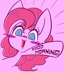 Size: 2162x2412 | Tagged: safe, artist:temmie-kun, artist:temmie_kun, character:pinkie pie, species:earth pony, species:pony, :3, blush sticker, blushing, body writing, cute, diapinkes, female, good morning, high res, mare, no pupils, open mouth, pink background, pixiv, simple background, solo