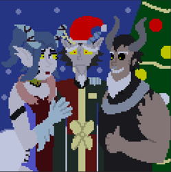 Size: 721x723 | Tagged: safe, artist:ultimatum323, character:cosmos, character:discord, character:lord tirek, species:human, christmas, christmas tree, holiday, humanized, pixel art, snow, tree