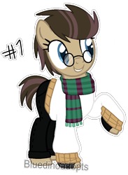 Size: 682x932 | Tagged: safe, artist:bluedinoadopts, oc, oc only, oc:time liz, species:earth pony, species:pony, clothing, female, fingerless gloves, glasses, gloves, grin, jeans, mare, pants, raised hoof, scarf, simple background, smiling, solo, sweater, transparent background