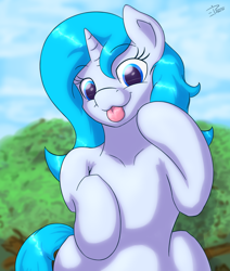 Size: 2200x2600 | Tagged: safe, artist:eisky, artist:frenchfreis, oc, oc:crescendo, species:pony, species:unicorn, blep, cloud, day, horn, looking at you, sitting, sky, solo, tongue out, tree