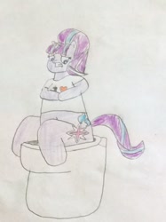 Size: 772x1034 | Tagged: safe, artist:snipiper, character:starlight glimmer, species:pony, species:unicorn, but why, dialogue, female, mare, poop, pooping, solo, toilet, traditional art