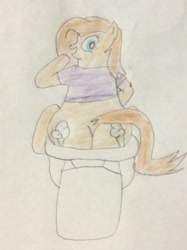 Size: 772x1034 | Tagged: safe, artist:snipiper, oc, oc only, oc:backy, species:earth pony, species:pony, but why, female, mare, poop, pooping, singing, solo, toilet, traditional art