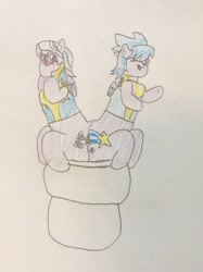 Size: 772x1034 | Tagged: safe, artist:snipiper, character:cloudchaser, character:flitter, species:pegasus, species:pony, but why, female, mare, poop, pooping, toilet, traditional art