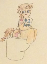 Size: 772x1034 | Tagged: safe, artist:snipiper, oc, oc only, oc:cream heart, species:earth pony, species:pony, but why, female, mare, mother, poop, pooping, relief, solo, toilet, traditional art