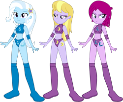 Size: 1880x1560 | Tagged: safe, artist:marcusvanngriffin, character:fuchsia blush, character:lavender lace, character:trixie, my little pony:equestria girls, belly button, boots, clothing, cutie mark, cutie mark on equestria girl, cutie mark tattoo, elbow pads, midriff, shoes, simple background, sports, sports bra, sports shorts, transparent background, trixie and the illusions, wrestler, wrestling