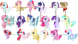 Size: 1280x730 | Tagged: safe, artist:klawiee, base used, character:applejack, character:flutterbat, character:fluttershy, character:pinkie pie, character:rainbow dash, character:rarity, character:twilight sparkle, oc, oc:cooking fashion, oc:delicate flower, oc:desired prize, oc:fuzzy drink, oc:harmony, oc:harvest sun, oc:opal, oc:prismatic rain, oc:zappy dash, parent:applejack, parent:fluttershy, parent:pinkie pie, parent:rainbow dash, parent:rarity, parent:twilight sparkle, parents:appledash, parents:flutterdash, parents:raridash, parents:rarijack, parents:rarilight, parents:raripie, parents:twidash, unnamed oc, species:bat pony, ship:omniship, bat ponified, family, female, lesbian, magical lesbian spawn, mane six, multiple parents, offspring, parents:omniship, polyamory, race swap, shipping, simple background, transparent background