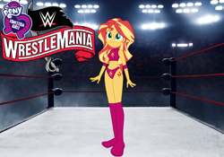 Size: 2500x1750 | Tagged: safe, artist:marcusvanngriffin, edit, character:sunset shimmer, my little pony:equestria girls, boots, clothing, cutie mark, cutie mark on clothes, cutie mark on equestria girl, elbow pads, equestria girls logo, female, knee pads, shoes, solo, sports, sports bra, sports panties, wrestlemania, wrestlemania 36, wrestler, wrestling, wrestling ring