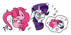 Size: 1754x877 | Tagged: safe, artist:shelbysmol, character:pinkie pie, character:rarity, species:earth pony, species:pony, species:unicorn, ship:raripie, blushing, bust, drunk, drunk bubbles, drunk lesbian, drunk rarity, drunkie pie, female, kissing, lesbian, mare, question mark, shipping, signature, simple background, sweat, thought bubble, white background