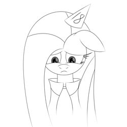 Size: 2000x2000 | Tagged: safe, artist:visionwing, oc, oc:visionmena, species:pony, birthday, black and white, clothing, grayscale, hat, monochrome, party hat, sad, shirt