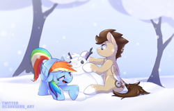 Size: 1905x1219 | Tagged: safe, artist:cokesleeve, character:rainbow dash, oc, oc:skittle, species:pegasus, species:pony, canon x oc, commission, female, male, mare, shipping, sitting, skidash, smiling, snow, snowfall, snowmare, snowpony, stallion, straight, tree, winter