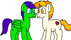 Size: 1366x768 | Tagged: safe, artist:raulixevergreen, oc, oc:covfefe cream, oc:raulix evergreen, species:pegasus, species:pony, species:unicorn, couple, gay, happy, love, male, simple background, staring ponies, white background
