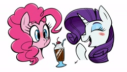 Size: 2232x1267 | Tagged: safe, artist:shelbysmol, character:pinkie pie, character:rarity, species:earth pony, species:pony, species:unicorn, ship:raripie, blush sticker, blushing, bust, cherry, female, food, lesbian, milkshake, shipping, simple background, straw, whipped cream, white background