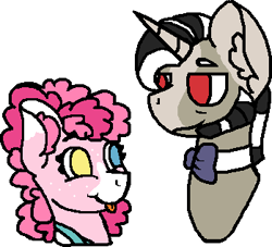 Size: 349x317 | Tagged: safe, artist:klawiee, character:discord, character:pinkie pie, species:earth pony, species:pony, species:unicorn, ship:discopie, alternate design, bow tie, ear fluff, female, freckles, heterochromia, looking at each other, male, mare, muttonchops, no pupils, pony discord, shipping, stallion, straight, tongue out