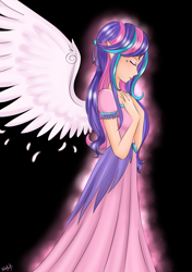 Size: 2039x2894 | Tagged: safe, artist:mdeltar, character:princess flurry heart, species:human, adult, black background, clothing, dress, elf ears, feather, female, high res, humanized, older, older flurry heart, simple background, solo, spread wings, winged humanization, wings
