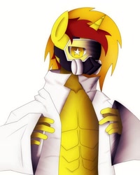 Size: 2000x2500 | Tagged: safe, artist:visionwing, oc, oc only, oc:lucky dice, species:anthro, species:pony, species:unicorn, gas mask, lab coat, mask, simple background, white background