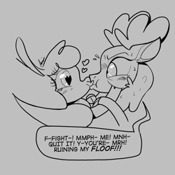 Size: 1948x1948 | Tagged: safe, artist:shelbysmol, community related, character:paprika paca, character:velvet reindeer, species:alpaca, species:deer, species:reindeer, them's fightin' herds, cloven hooves, dialogue, doe, female, forced kiss, gray background, grayscale, heart eyes, kissing, lesbian, monochrome, one sided shipping, remake, shipping, shipping denied, simple background, speech bubble, that alpaca sure does love kisses, velverika, wide eyes, wingding eyes