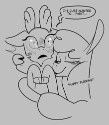 Size: 1882x2147 | Tagged: safe, artist:shelbysmol, community related, character:paprika paca, character:velvet reindeer, species:alpaca, species:deer, species:reindeer, them's fightin' herds, cloven hooves, dialogue, doe, female, gray background, grayscale, hug, lesbian, monochrome, one sided shipping, shipping, shipping denied, simple background, speech bubble, velverika