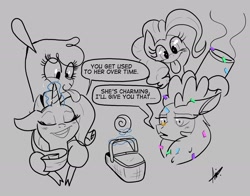 Size: 2338x1836 | Tagged: safe, artist:shelbysmol, community related, character:paprika paca, character:pinkie pie, character:rarity, character:velvet reindeer, ship:raripie, them's fightin' herds, crossover, female, hug, lesbian, party cannon, shipping, velverika
