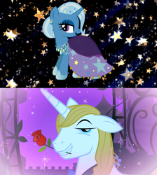 Size: 1280x1428 | Tagged: safe, artist:creativa-artly01, edit, edited screencap, screencap, character:prince blueblood, character:trixie, ship:bluetrix, episode:the best night ever, g4, my little pony: friendship is magic, clothing, dress, female, male, shipping, shipping domino, straight