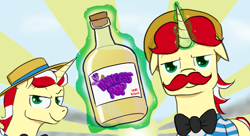 Size: 1024x557 | Tagged: safe, artist:tkuroneko, character:flam, character:flim, species:pony, species:unicorn, /mlp/, 4chan, amazing horse, bottle, crossover, drawthread, duo, flim flam brothers, floppy ears, looking at you, magic, ponified