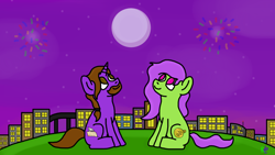 Size: 1366x768 | Tagged: safe, artist:raulixevergreen, species:earth pony, species:pony, species:unicorn, city, date, fireworks, full moon, happy, moon, night, sitting