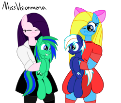 Size: 2600x2200 | Tagged: safe, artist:visionwing, oc, oc only, oc:cuteamena, oc:electric blue, oc:garry berry, oc:visionmena, species:anthro, species:pony, cute, happy, holding a pony, looking at each other, simple background, smiling, transparent background