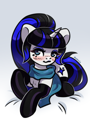 Size: 1072x1500 | Tagged: safe, artist:avonir, oc, oc:coldlight bluestar, species:pony, species:unicorn, g4, bed, blushing, clothing, cute, cutie mark, female, gloves, looking at you, lying on bed, mare, on bed, scarf, socks, solo