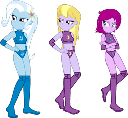 Size: 1300x1200 | Tagged: safe, artist:marcusvanngriffin, character:fuchsia blush, character:lavender lace, character:trixie, equestria girls:rainbow rocks, g4, my little pony: equestria girls, my little pony:equestria girls, annoyed, clothing, crossed arms, cute, cutie mark, elbow pads, female, hand on hip, looking sideways, simple background, sports, sports bra, sports panties, tag team, transparent background, trio, trio female, trixie and the illusions, wrestler, wrestling