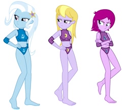 Size: 673x585 | Tagged: safe, artist:marcusvanngriffin, edit, editor:thomasfan45, character:fuchsia blush, character:lavender lace, character:trixie, species:human, equestria girls:rainbow rocks, g4, my little pony: equestria girls, my little pony:equestria girls, annoyed, barefoot, barrette, belly button, clothing, crossed arms, cute, cutie mark, cutie mark on clothes, elbow pads, feet, female, hand on hip, legs, looking sideways, midriff, simple background, sports, tag team, transparent background, trio, trio female, trixie and the illusions, vector, wrestler, wrestling